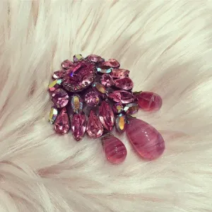 Pink crystal vintage brooch with triple drop