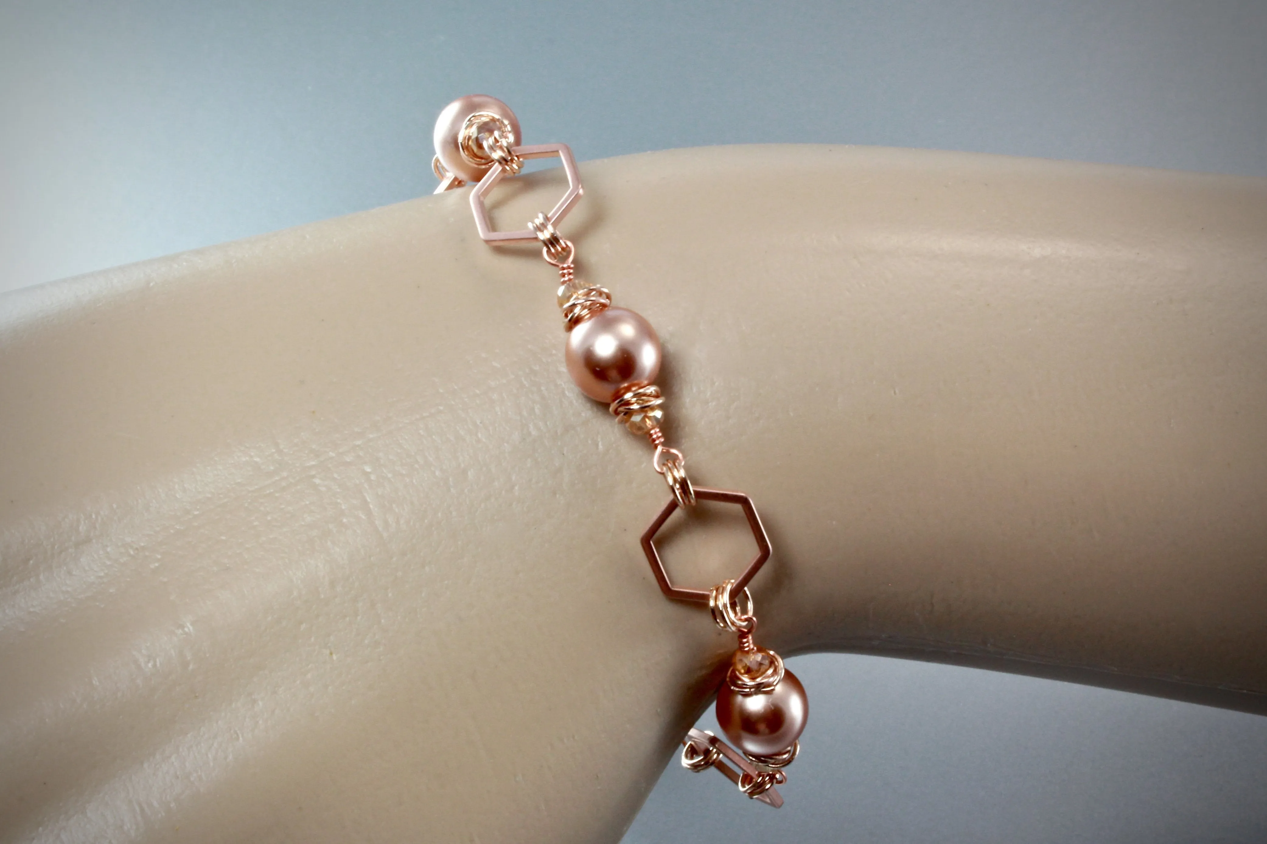 "Echo" - Swarovski Pearl and Rose Gold Geometric Bridal Bracelet