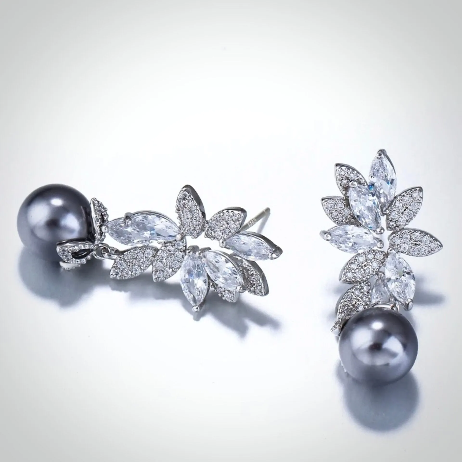 "Ida" - Gray Pearl and Cubic Zirconia Bridal Earrings