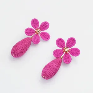 Raffia Flower Earrings - Hot Pink