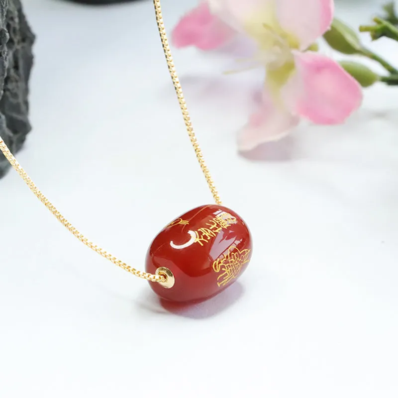 Red Agate Cylindrical Bead Rune Pendant Necklace