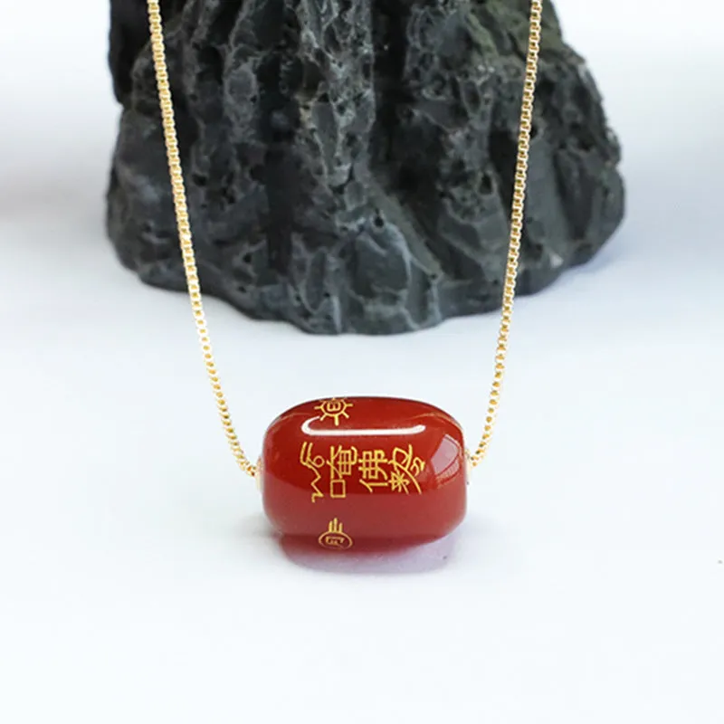 Red Agate Cylindrical Bead Rune Pendant Necklace