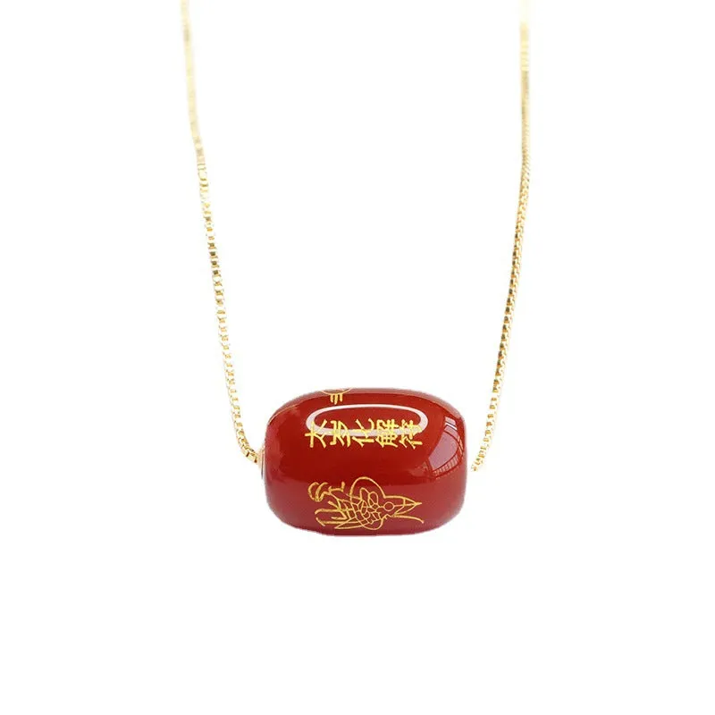 Red Agate Cylindrical Bead Rune Pendant Necklace