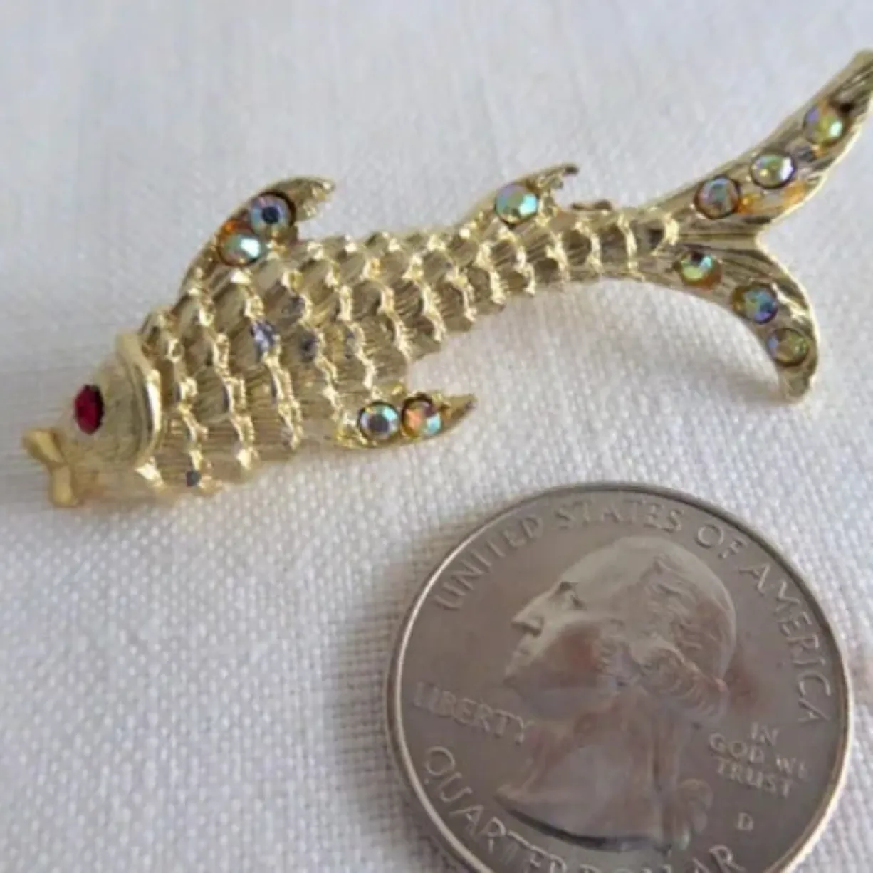 Rhinestone Fish Pin 1960s Fish Brooch Figural Seaside Beach Gold Plated Gold Red