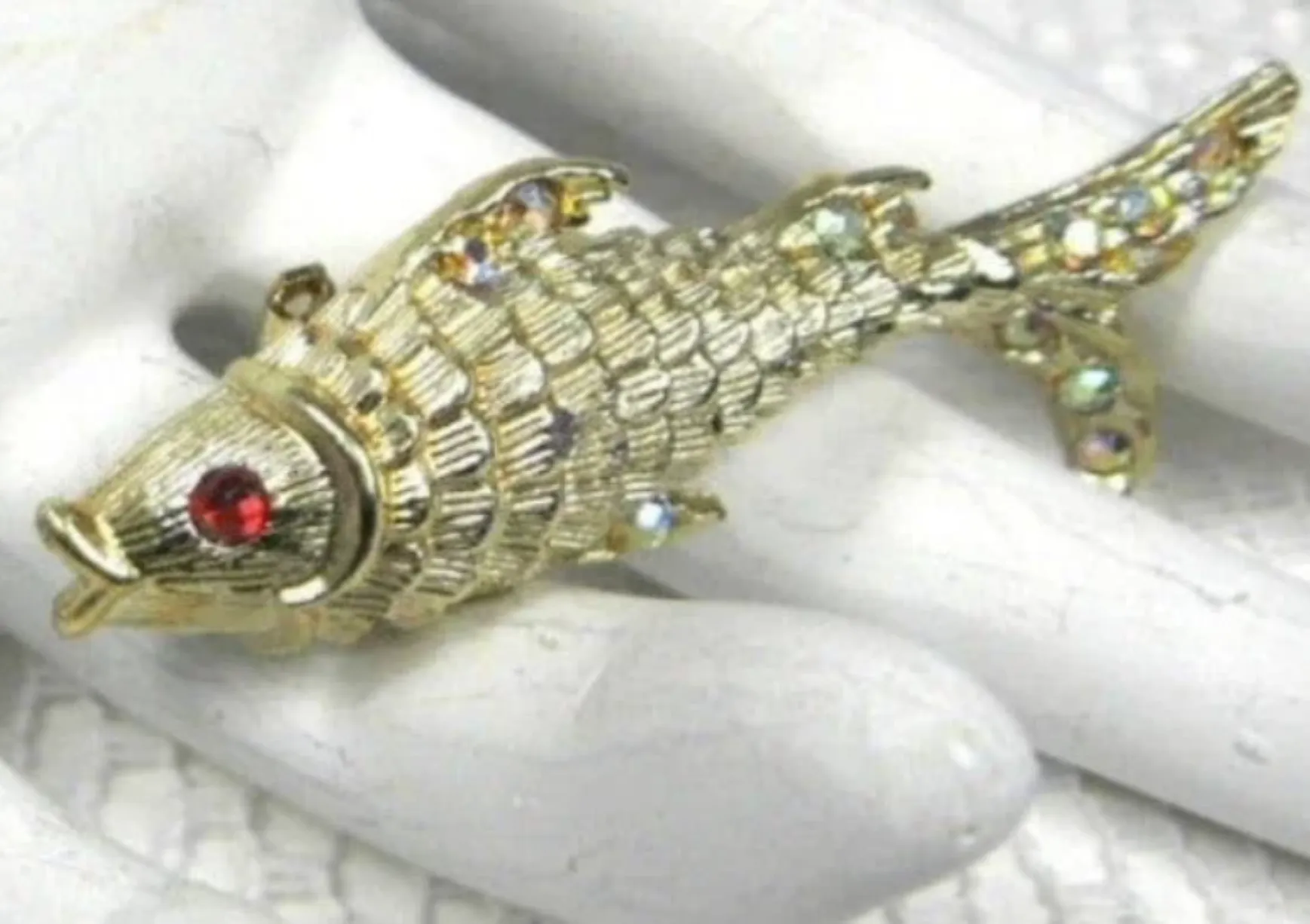 Rhinestone Fish Pin 1960s Fish Brooch Figural Seaside Beach Gold Plated Gold Red