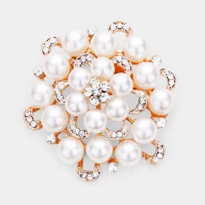 Rhinestone Pearl Brooch - White & Gold