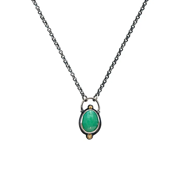 Rose Cut Chrysoprase Necklace - Sterling Silver   18k Gold