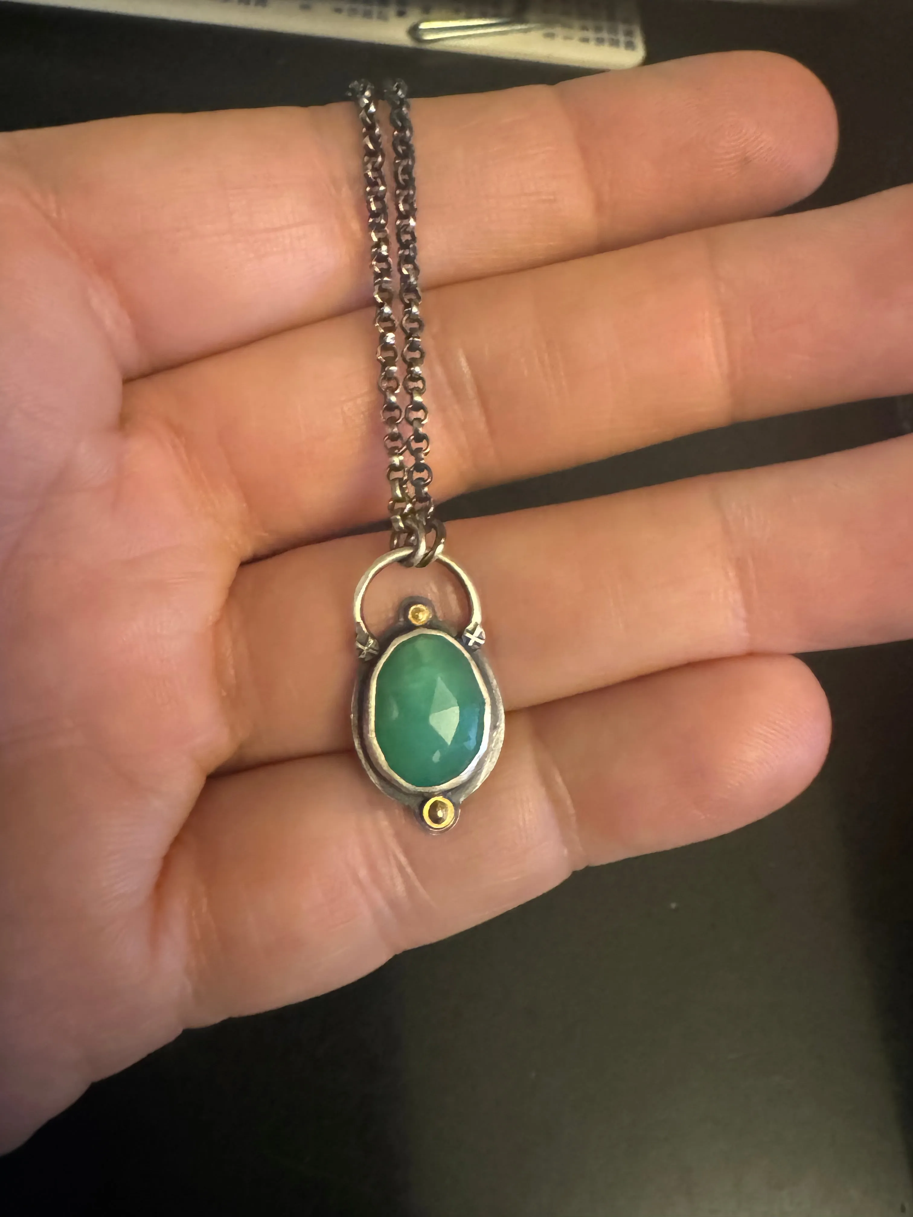 Rose Cut Chrysoprase Necklace - Sterling Silver   18k Gold