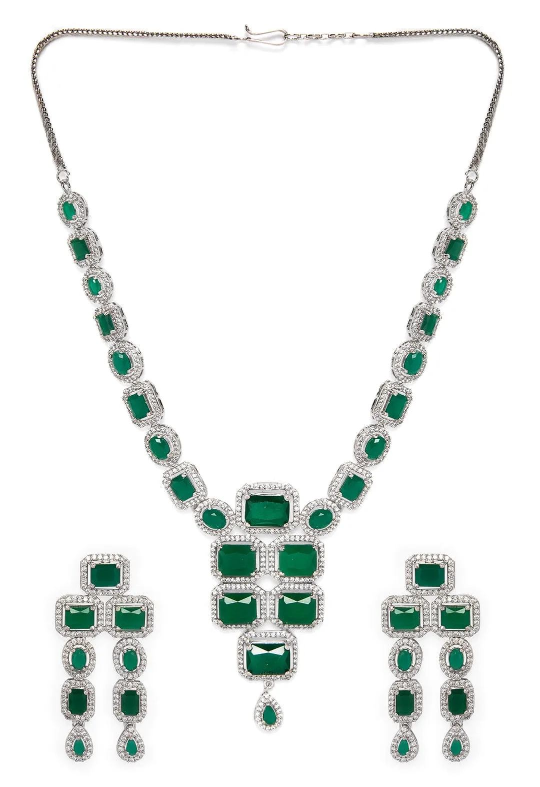 Rubans Luxury Silver-Plated Green Stone Studded Emerald Handcrafted Statement Necklace Set