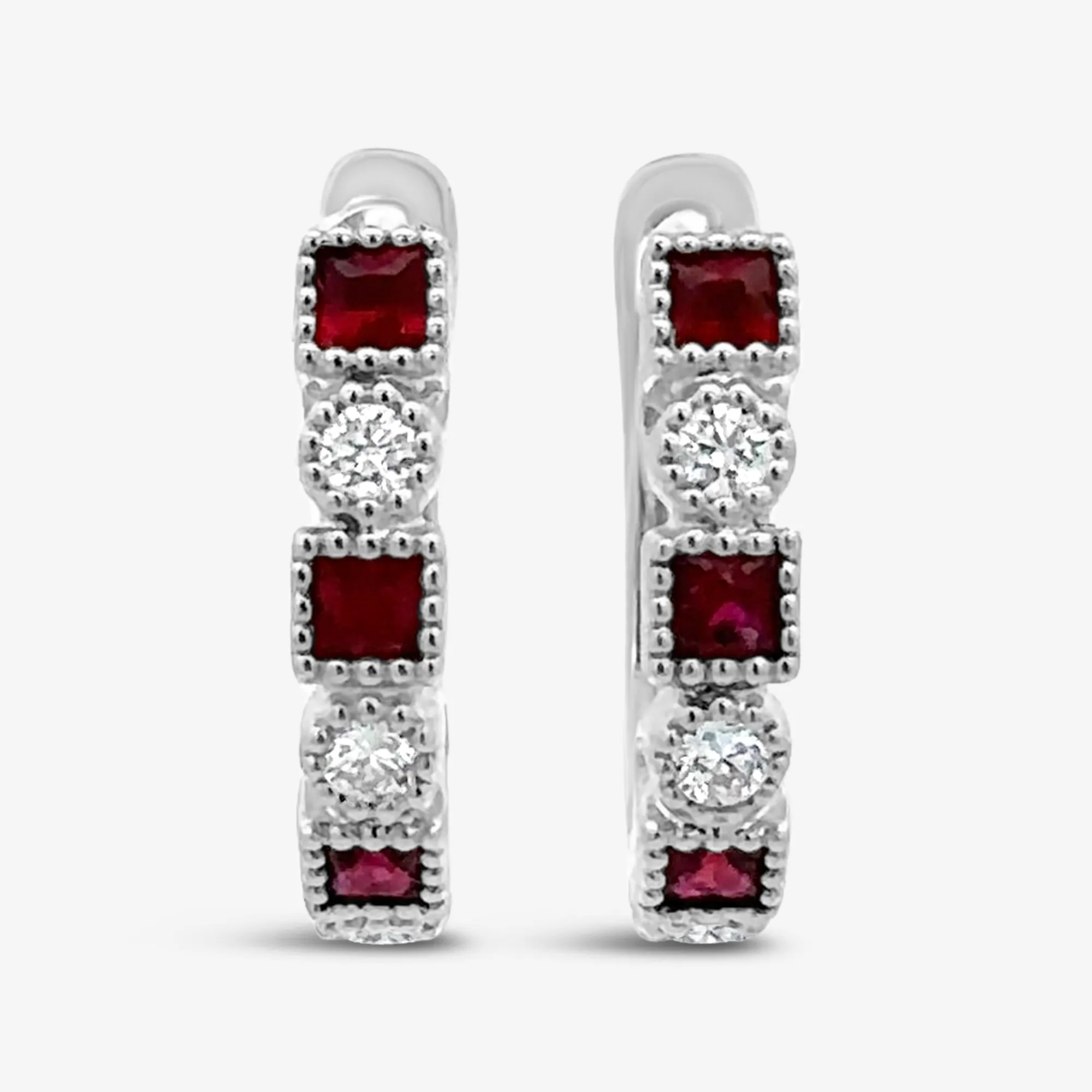 Ruby & Diamond Bead U-Hoop Earrings