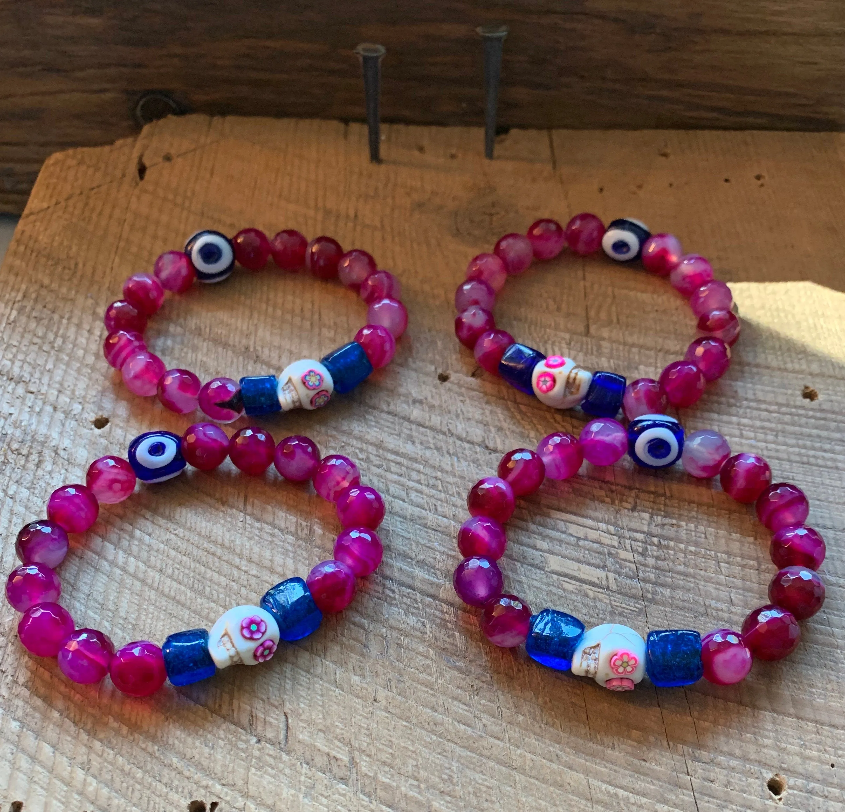 SariBlue® Handmade Pink Sugarskull Bracelet with Blue Accents