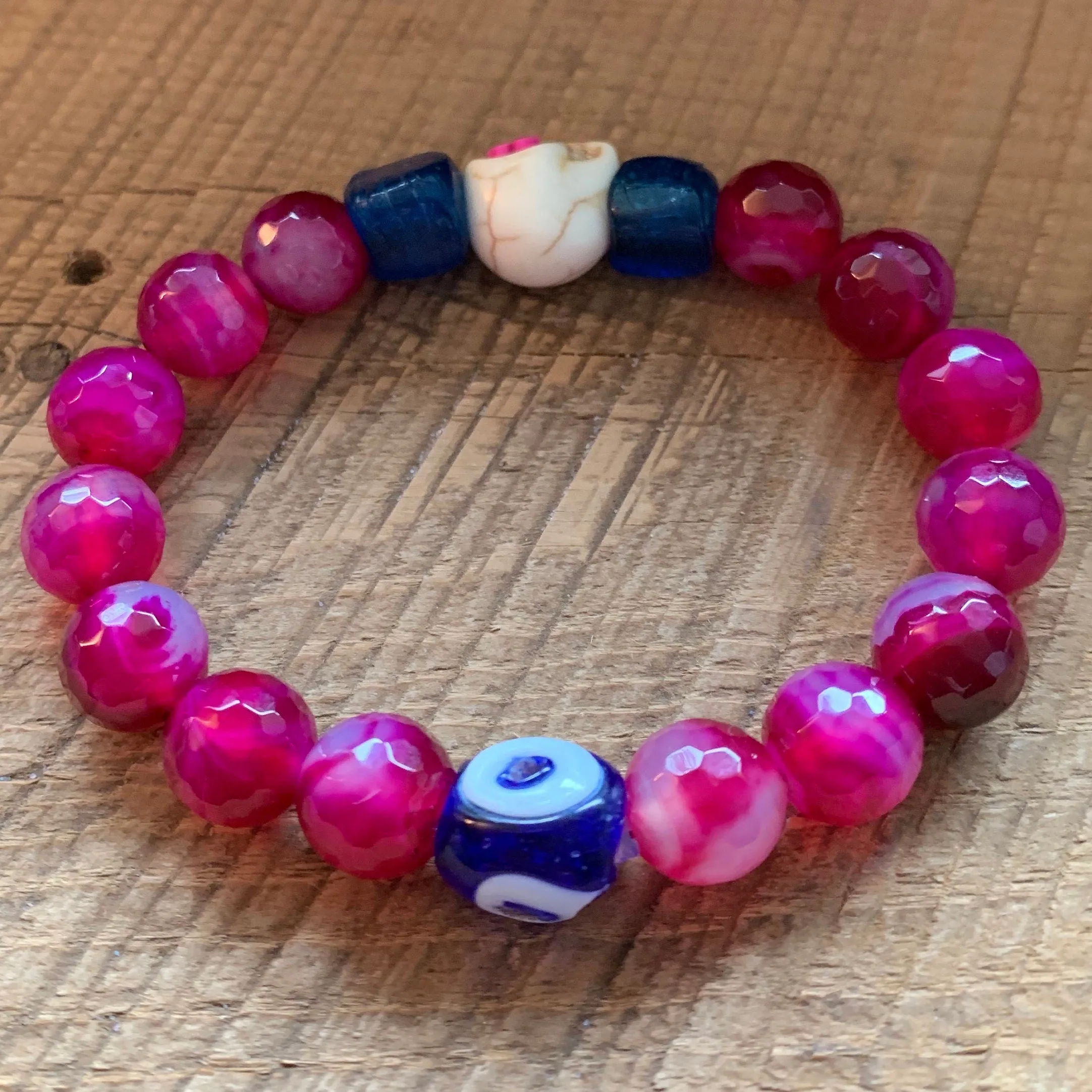 SariBlue® Handmade Pink Sugarskull Bracelet with Blue Accents