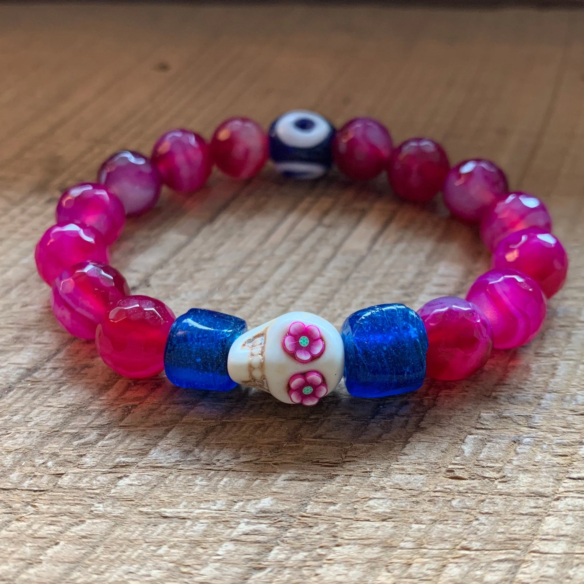 SariBlue® Handmade Pink Sugarskull Bracelet with Blue Accents