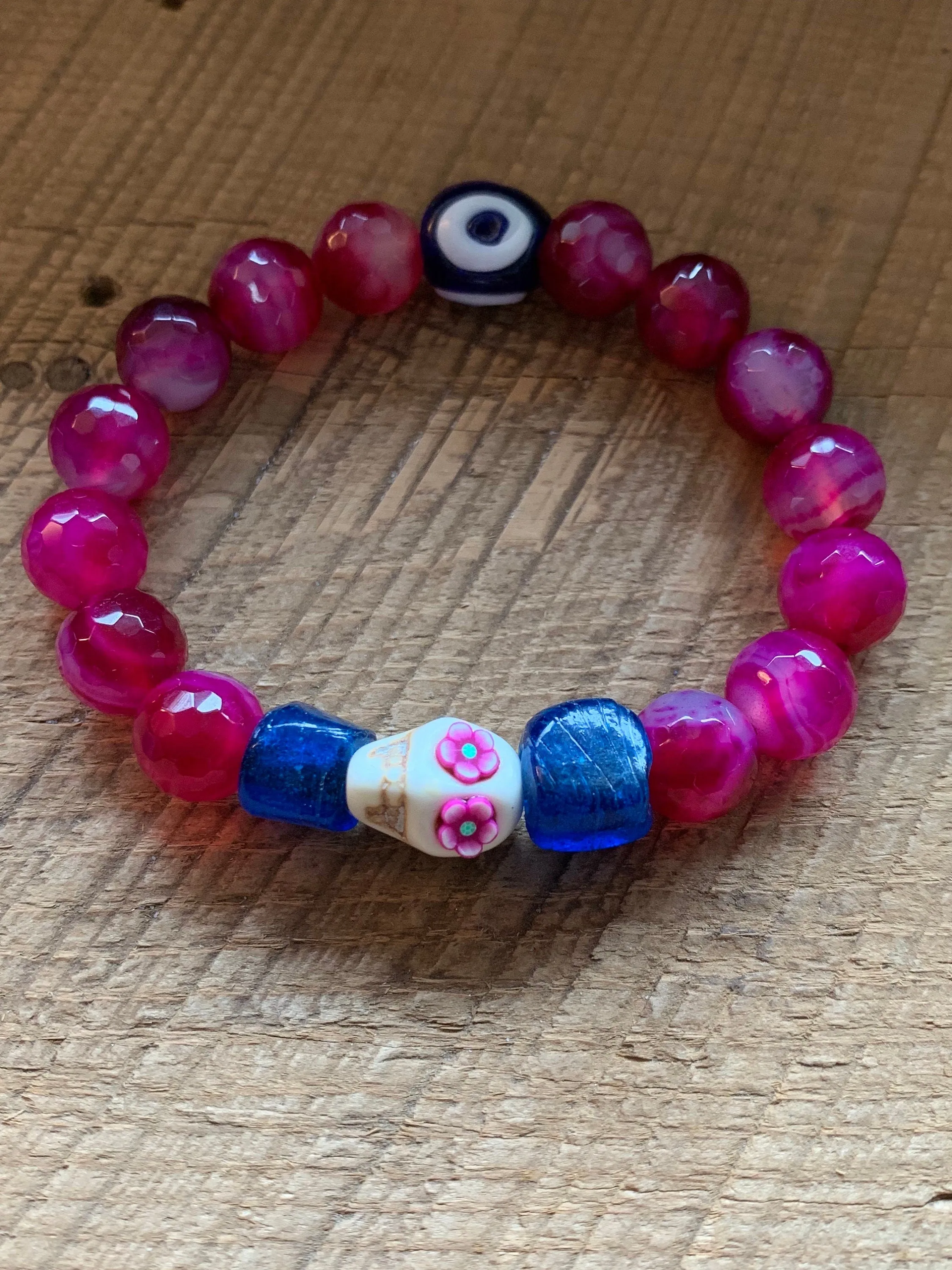 SariBlue® Handmade Pink Sugarskull Bracelet with Blue Accents