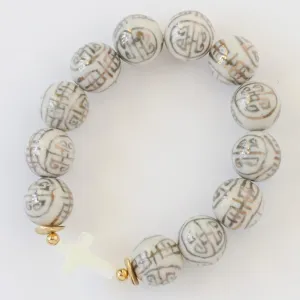 Silver & White Chinoiserie Porcelain Bead and Mother of Pearl Cross Bracelet