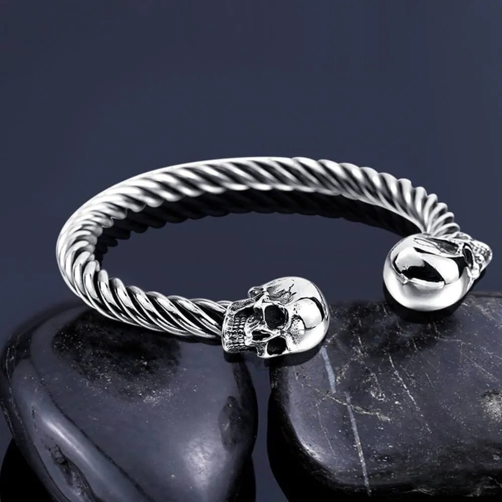 Skull Open Cuff  Gothic Style Adjustable Bracelet For Men - 925 Sterling Silver Vintage Bracelet