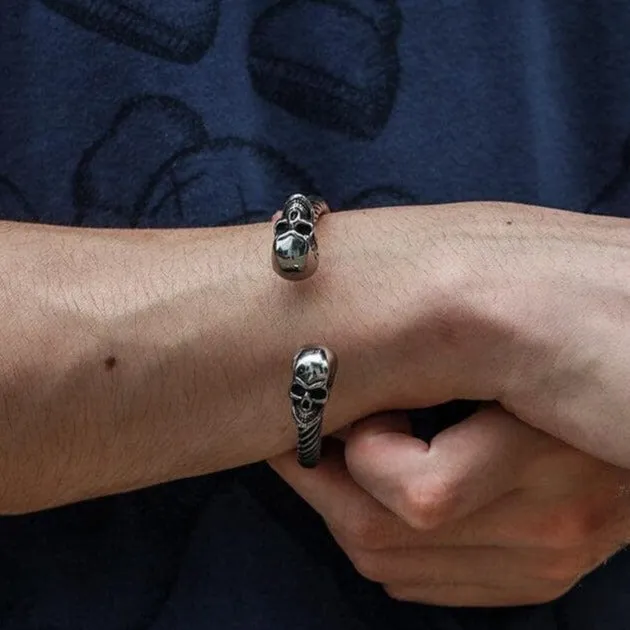 Skull Open Cuff  Gothic Style Adjustable Bracelet For Men - 925 Sterling Silver Vintage Bracelet