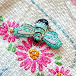 SOLD Margot De Taxco Aqua Enamel Sterling Silver Bee Brooch, #5661