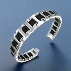 Stainless Steel with Black Rubber Matte Finish Panther Link Bracelet for Men - Durable and Stylish Gift for Him