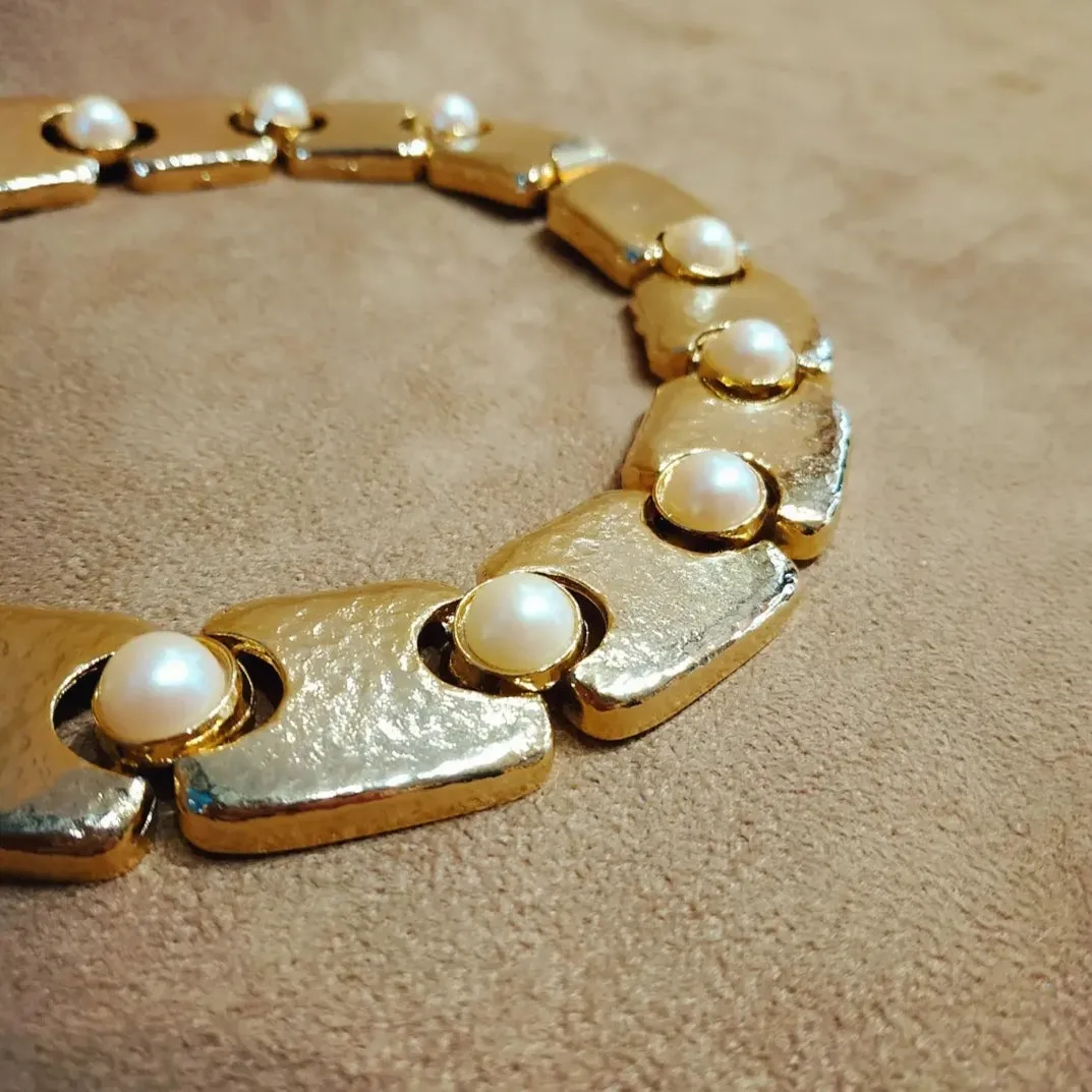 Statement Flat Gold Pearl Necklace