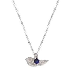 Sterling Silver Engraved Bird Pendant with Lapis Bead