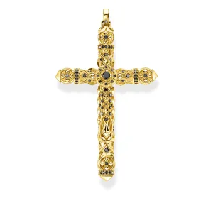 STERLING SILVER YELLOW GOLD PLATED KINGDOM BLACK CZ DECO CROSS PENDANT