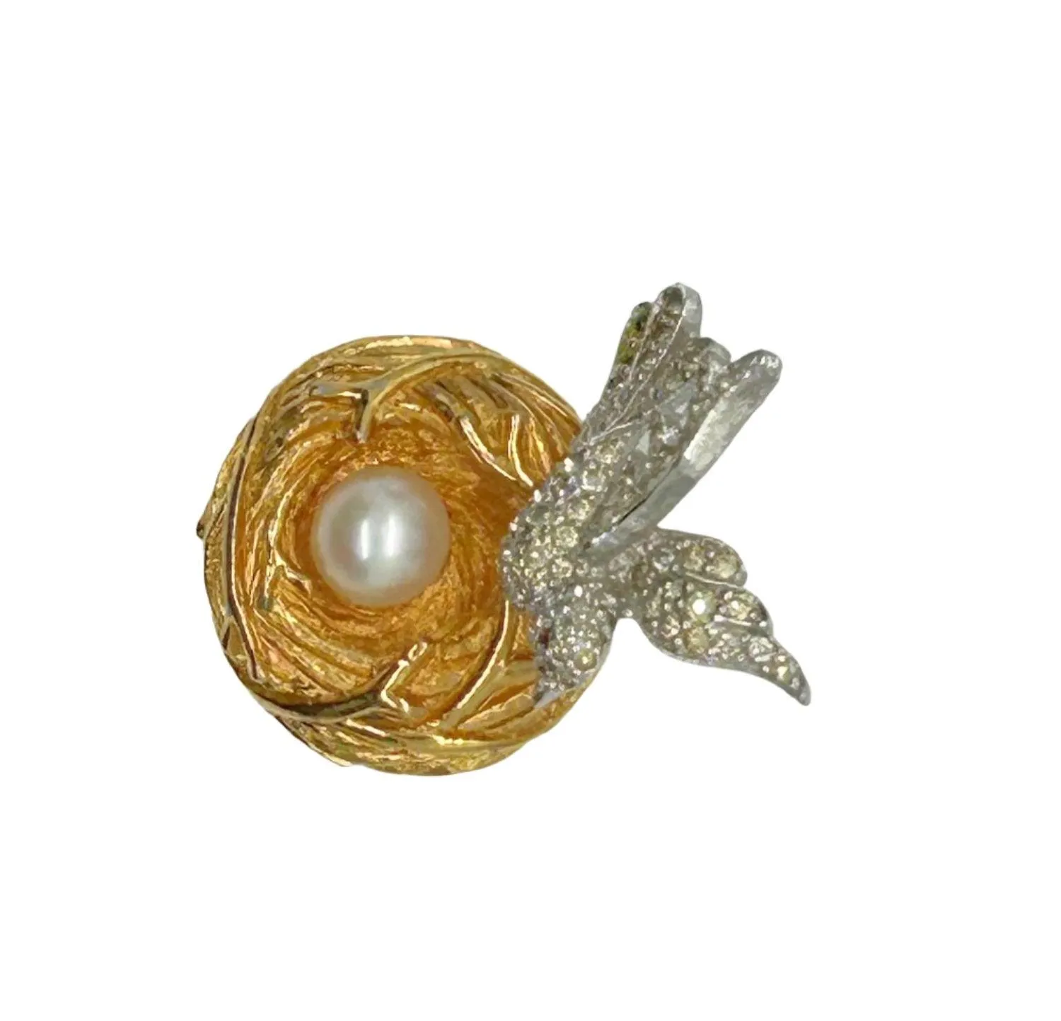 Two-tone Vintage Bird and Nest with Pearl Egg Brooch