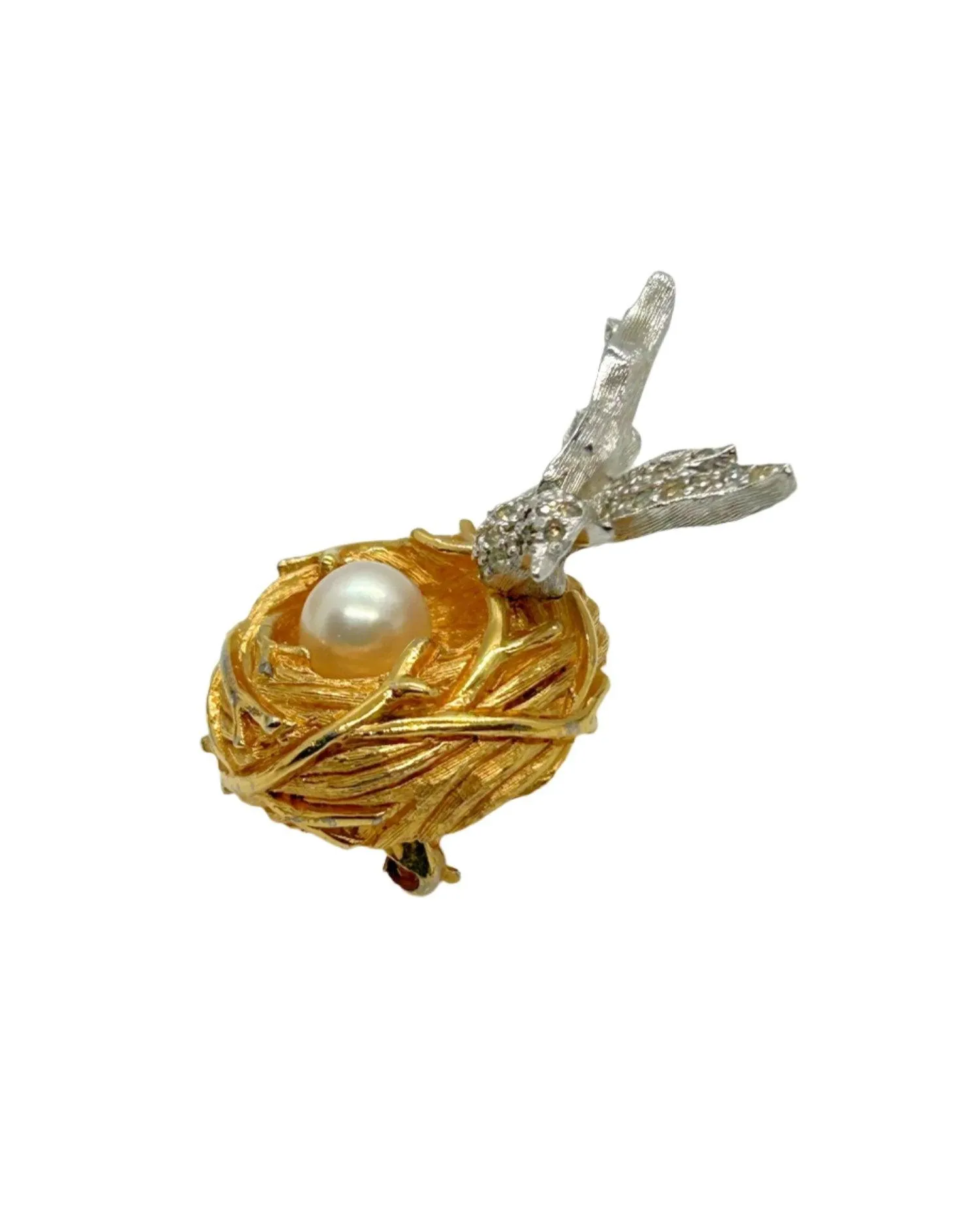 Two-tone Vintage Bird and Nest with Pearl Egg Brooch