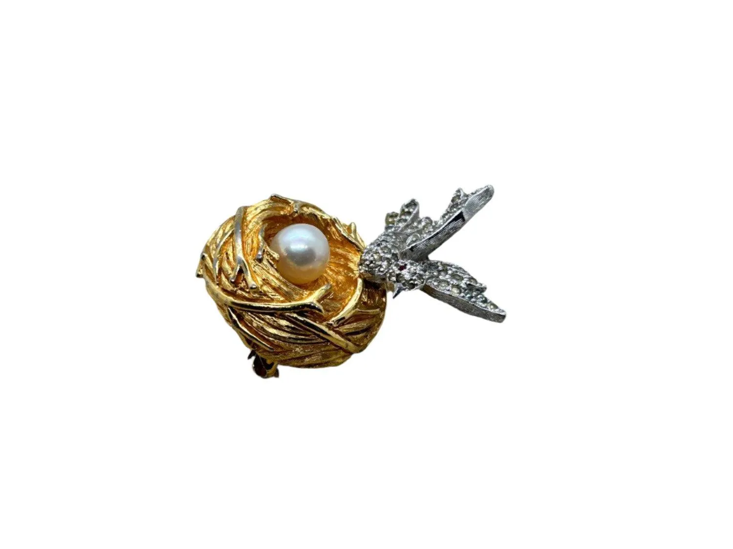 Two-tone Vintage Bird and Nest with Pearl Egg Brooch