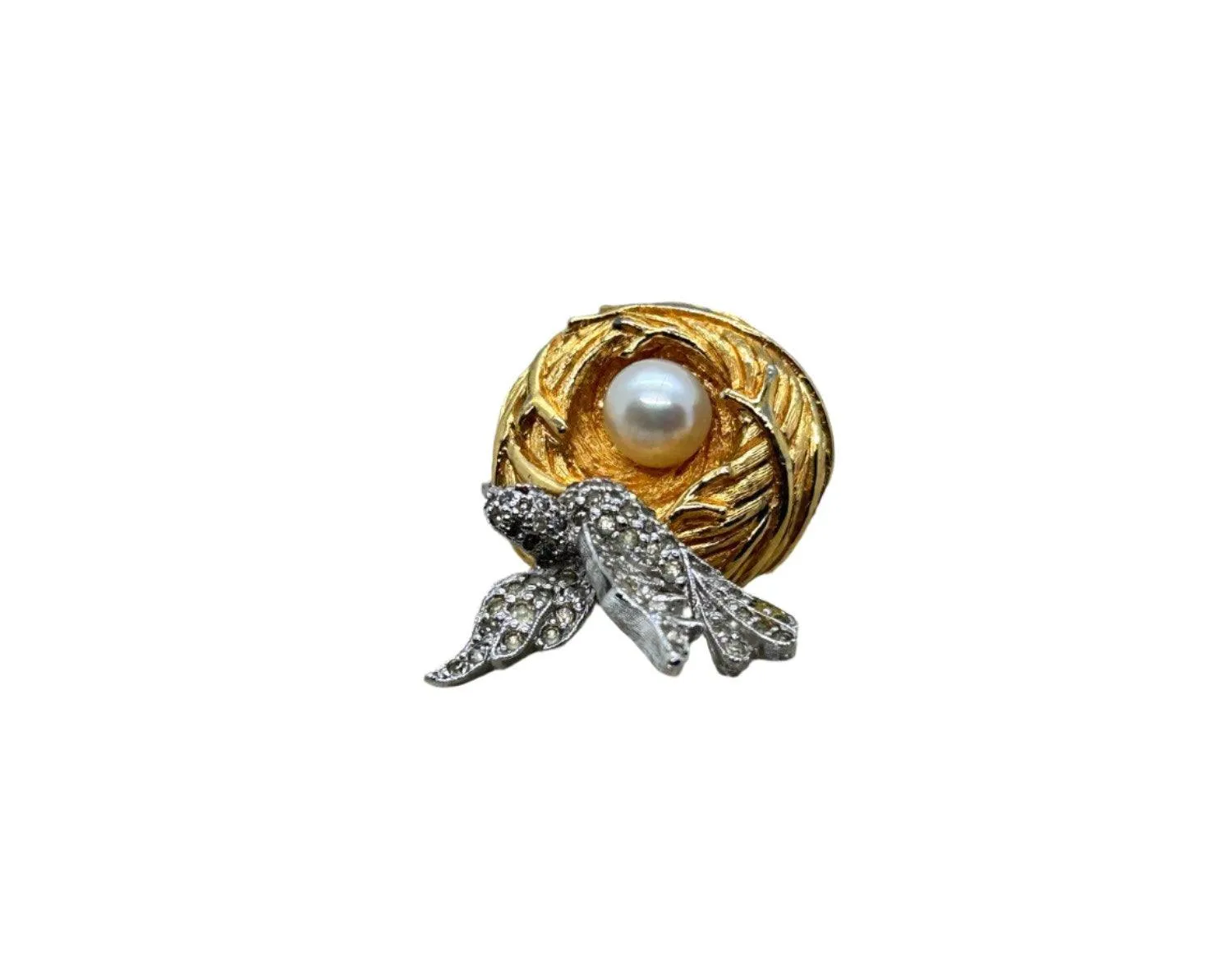 Two-tone Vintage Bird and Nest with Pearl Egg Brooch