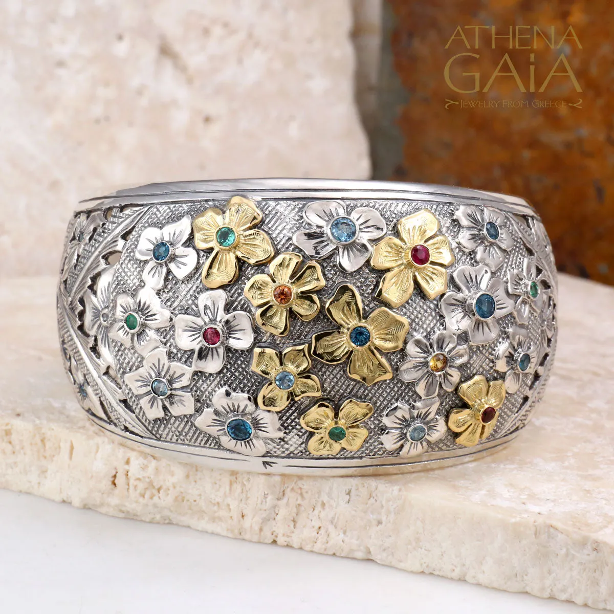 Two-Toned Flower Field Cuff Bracelet