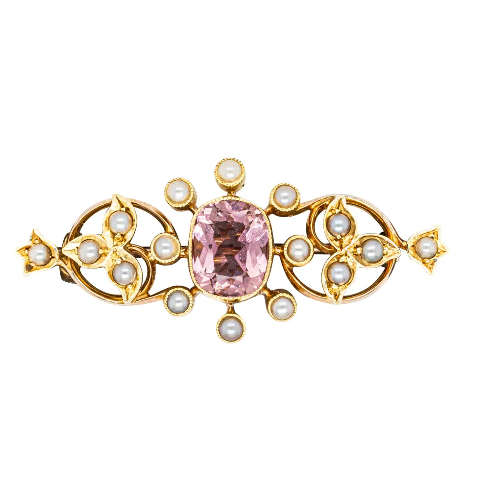 Vintage 13ct Yellow Gold Pink Tourmaline & Seed Pearl Brooch