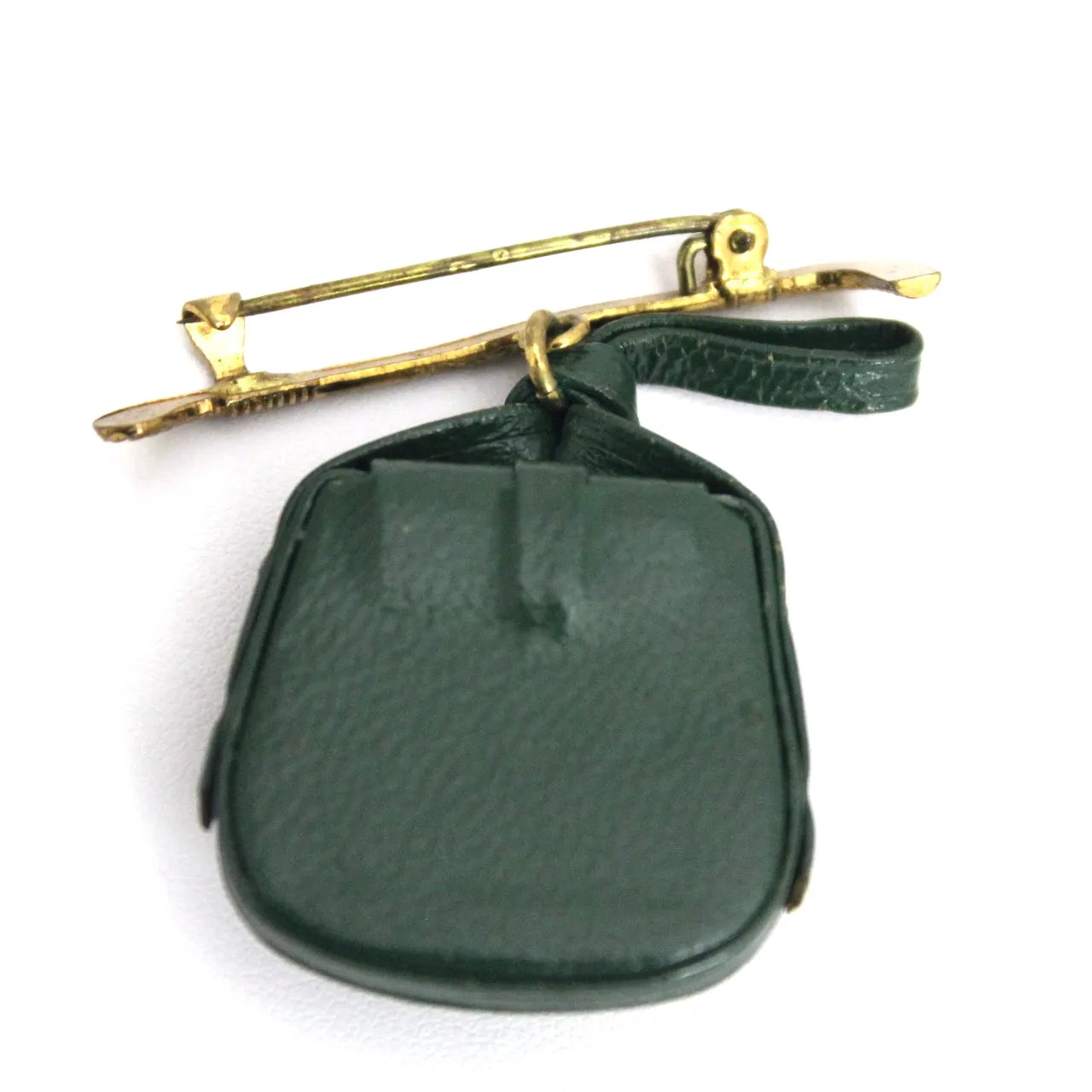 Vintage 1930s Equestrian Brooch Brass Horse Crop and Miniature Saddle Bag Green Leather