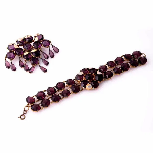 Vintage Amethyst Glass/Brass Bracelet/Brooch 1940S Revival