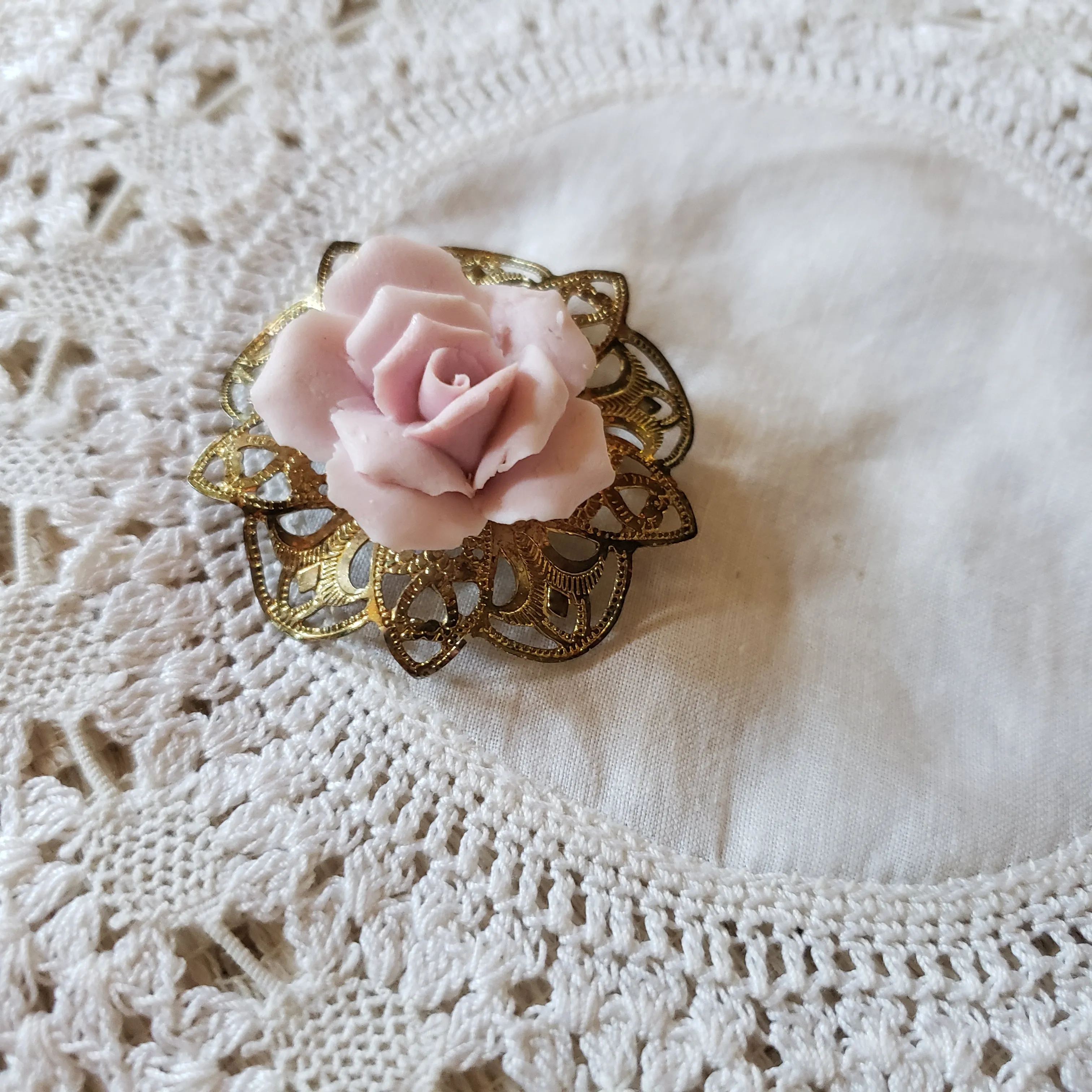 Vintage Brass and Clay Rose Brooch