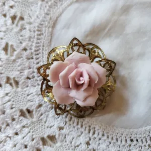 Vintage Brass and Clay Rose Brooch