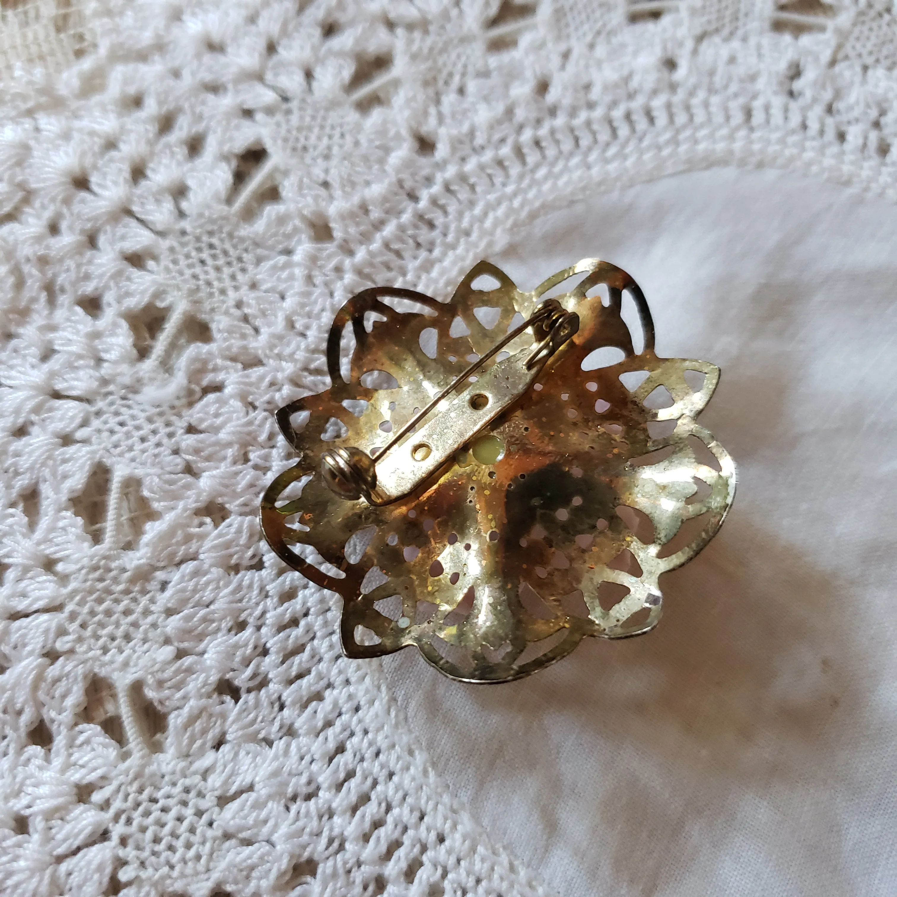 Vintage Brass and Clay Rose Brooch