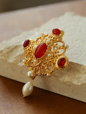 Vintage Courtly Elegance: Red Agate and Pearl Brooch