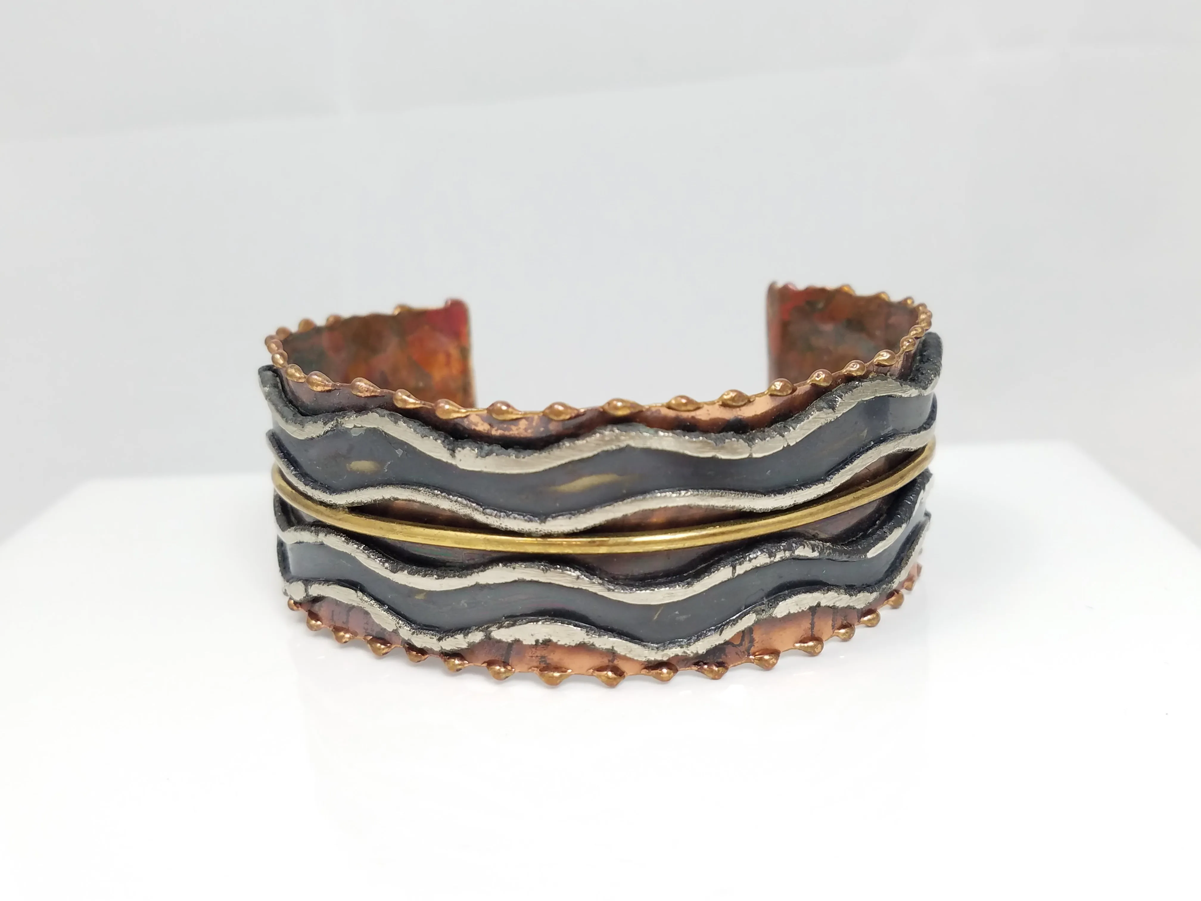 Vintage Handmade Copper, Brass, Sterling Cuff Bracelet