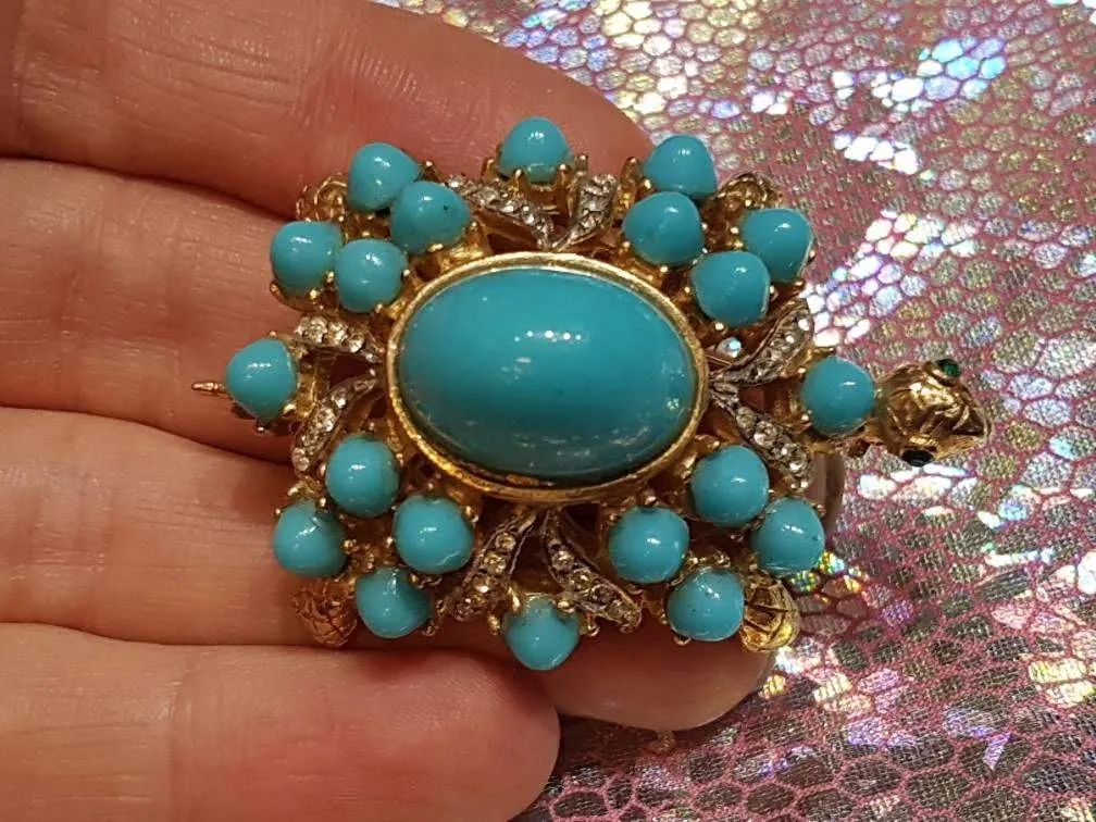 Vintage Kenneth Jay Lane Turtle Brooch Turquoise Gold Crystal