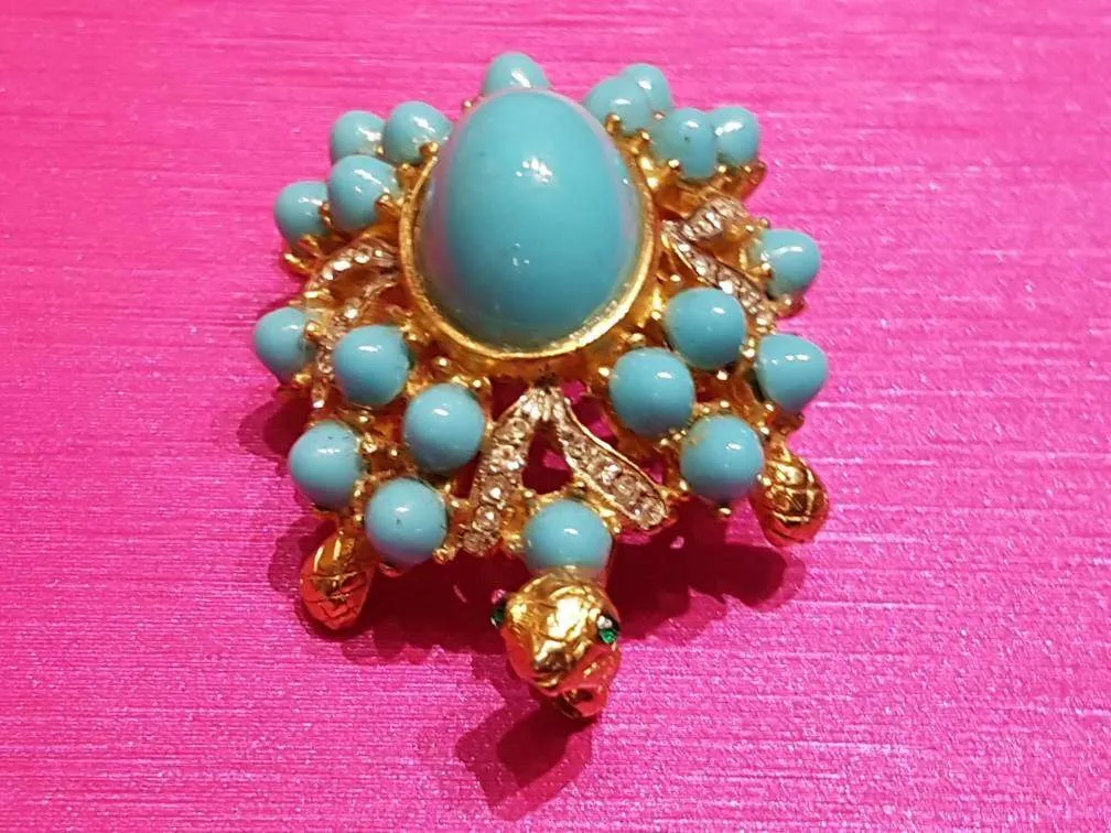 Vintage Kenneth Jay Lane Turtle Brooch Turquoise Gold Crystal