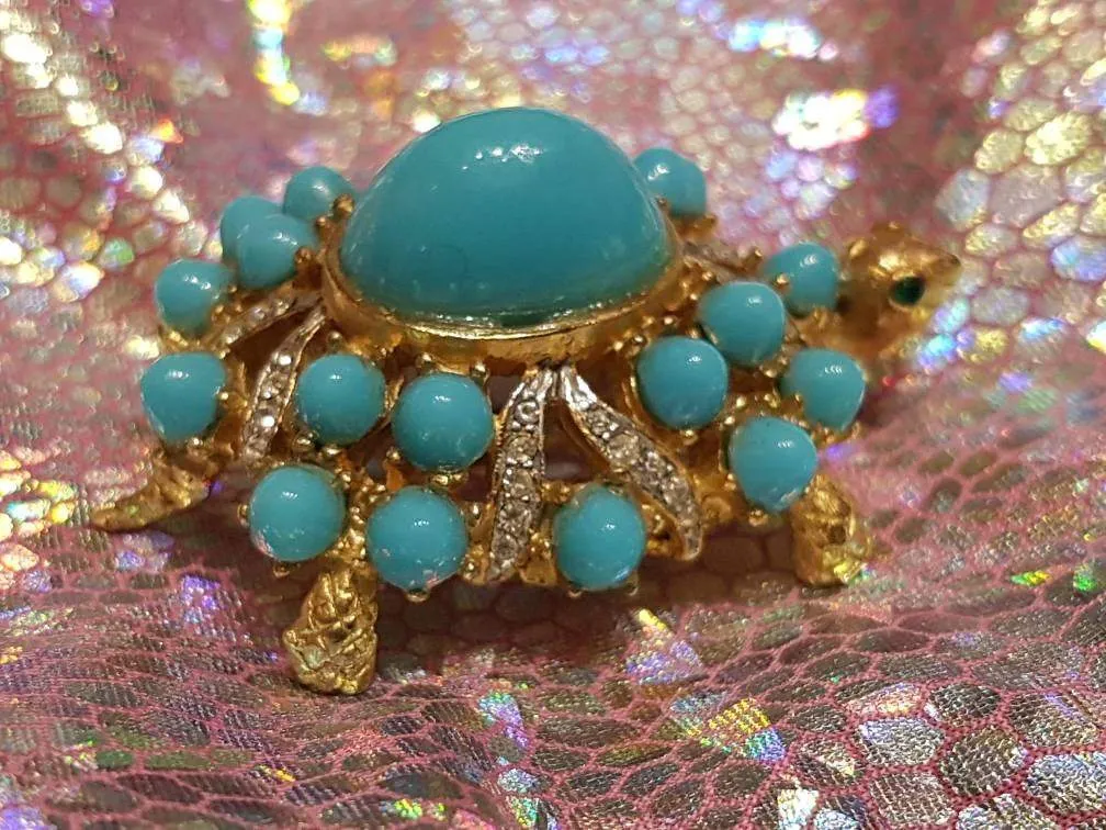 Vintage Kenneth Jay Lane Turtle Brooch Turquoise Gold Crystal