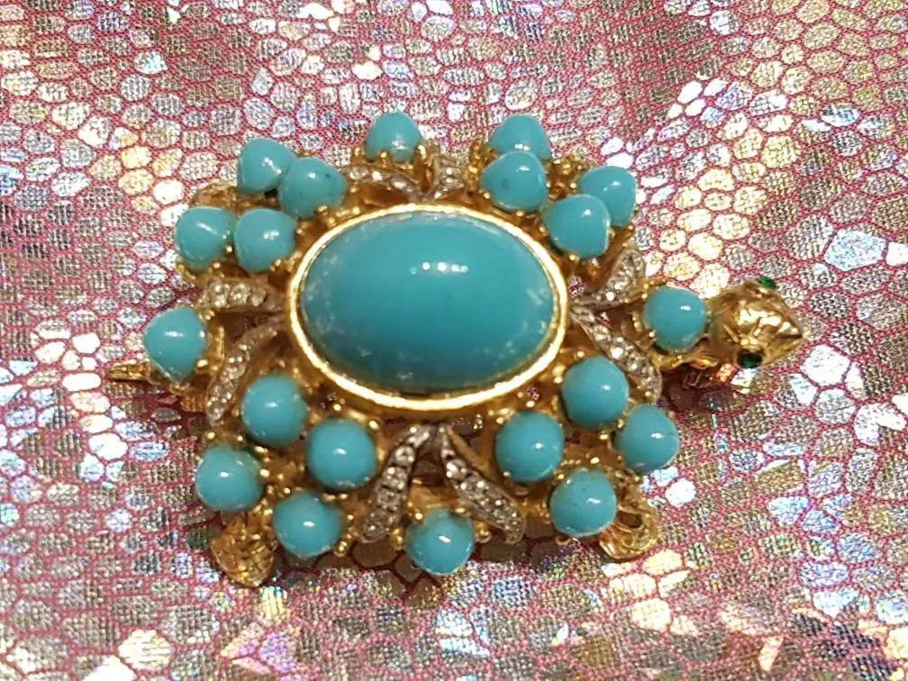 Vintage Kenneth Jay Lane Turtle Brooch Turquoise Gold Crystal