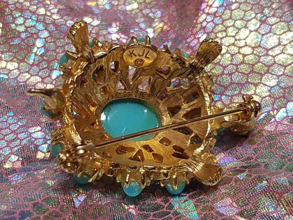 Vintage Kenneth Jay Lane Turtle Brooch Turquoise Gold Crystal