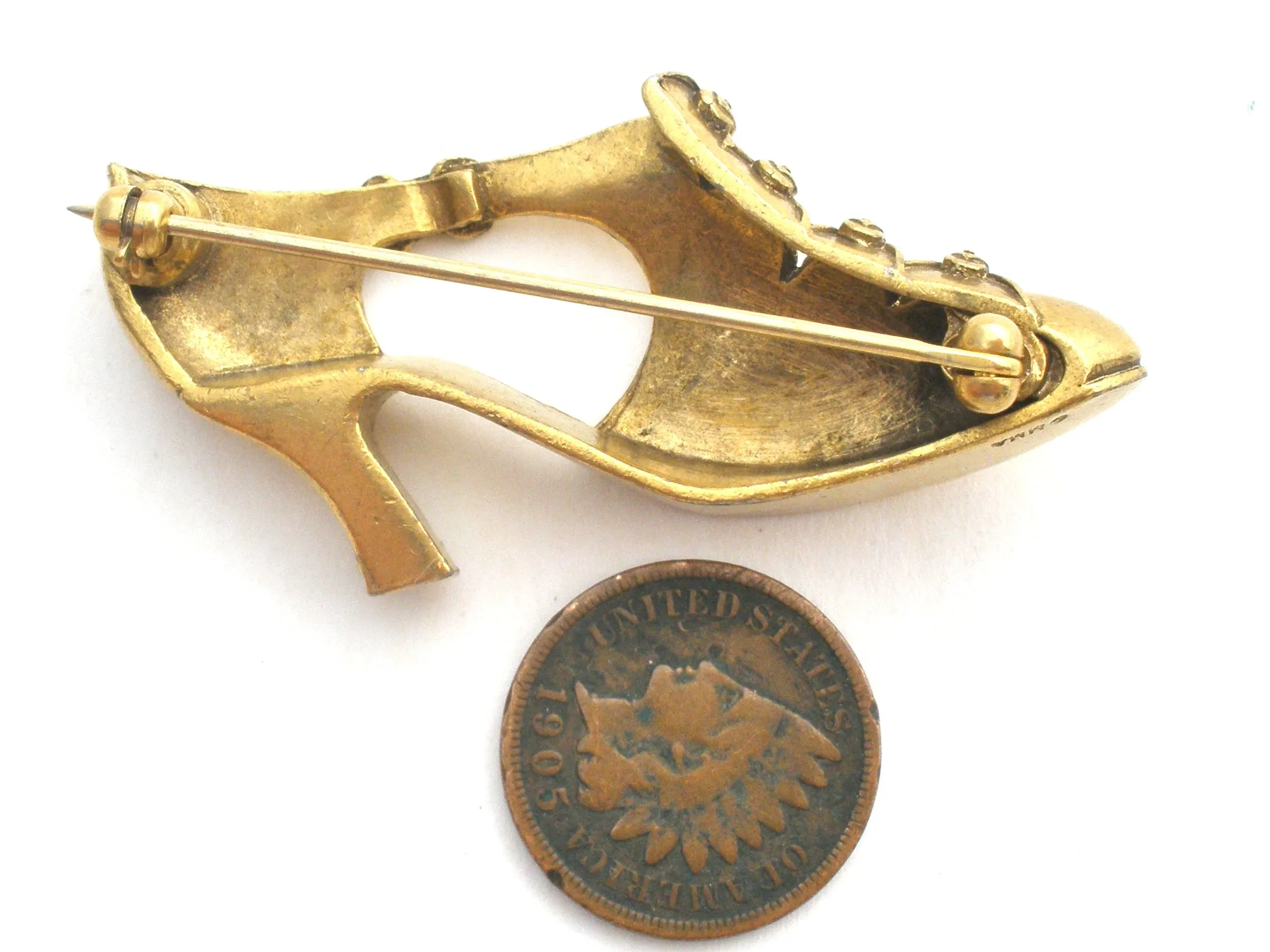 Vintage Shoe Brooch MMA Matte Gold Tone Pin