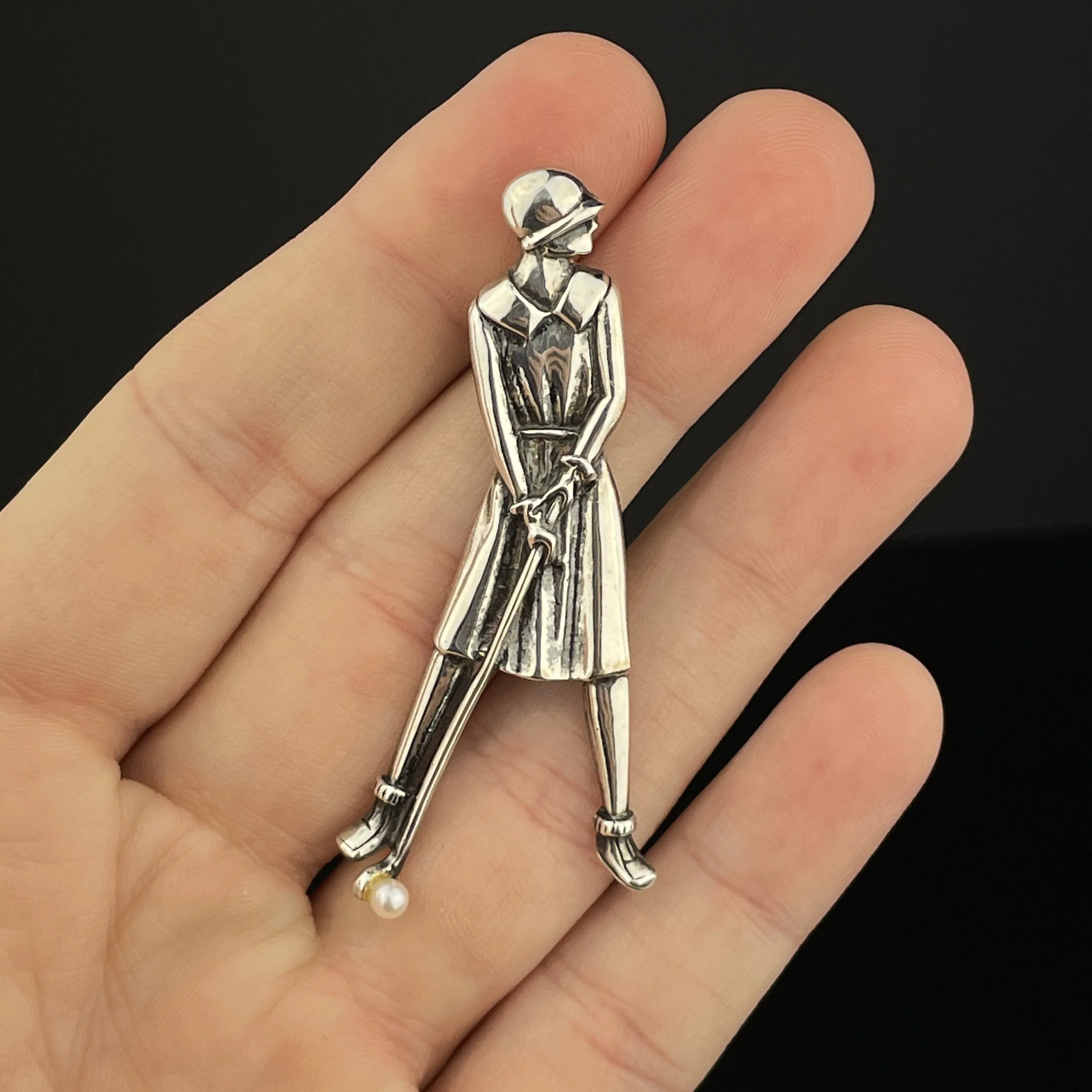 Vintage Silver Pearl Golfer Brooch