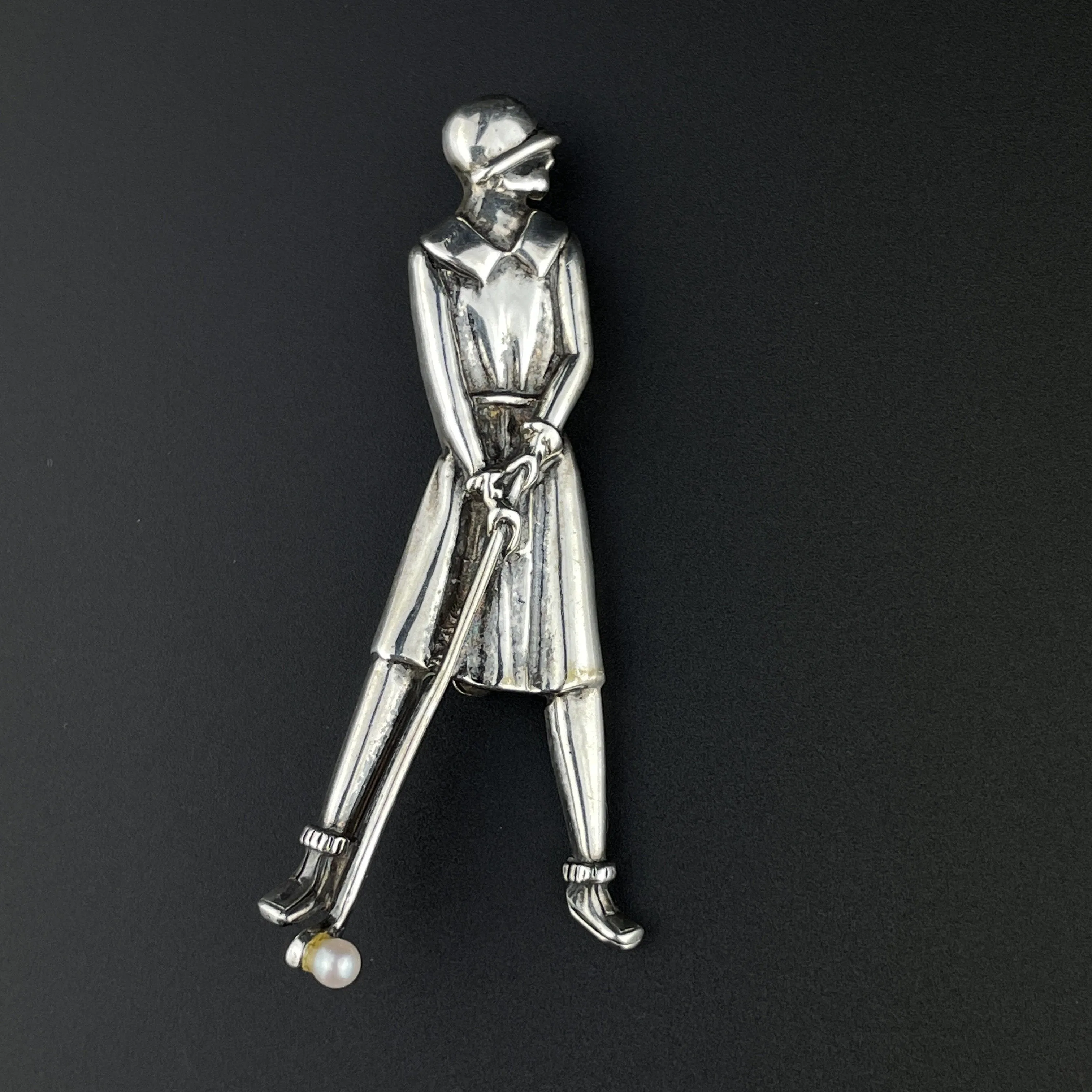 Vintage Silver Pearl Golfer Brooch