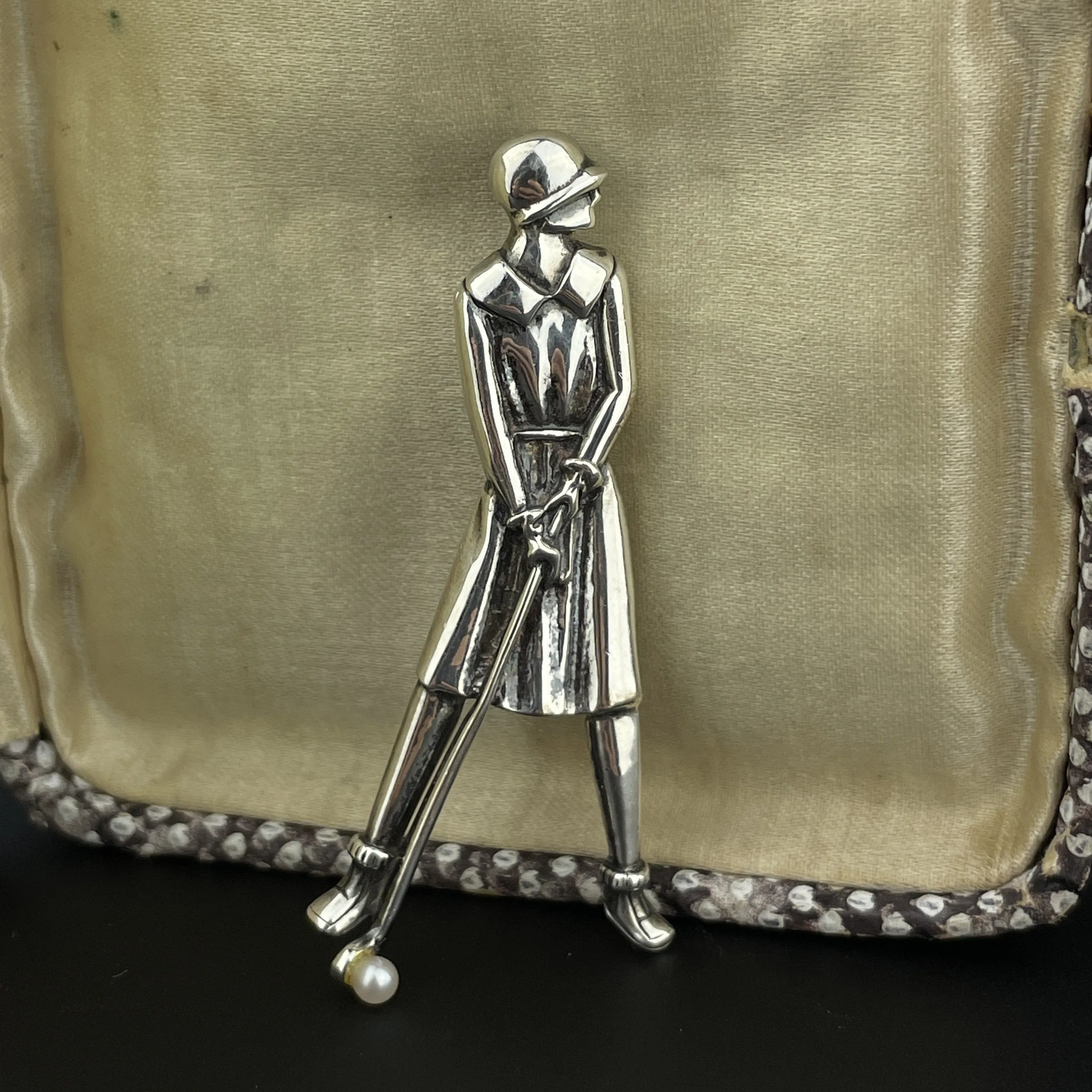 Vintage Silver Pearl Golfer Brooch