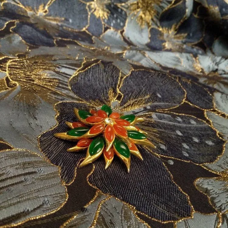 Vintage Sphinx Flower Brooch Green/Red glass flower Carnelian Red Agate