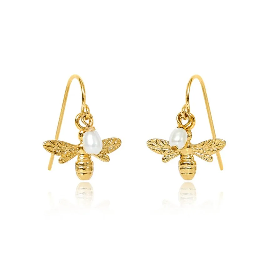 Vita Gold Bumble Bee & Cultured Freshwater Pearl Drop Earrings